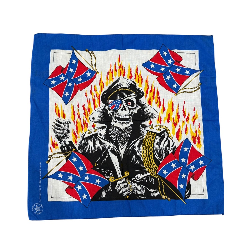 Vintage‎ Biker Bandana Skeleton Rider Confederate Flag Blue 21x21 USA Made
